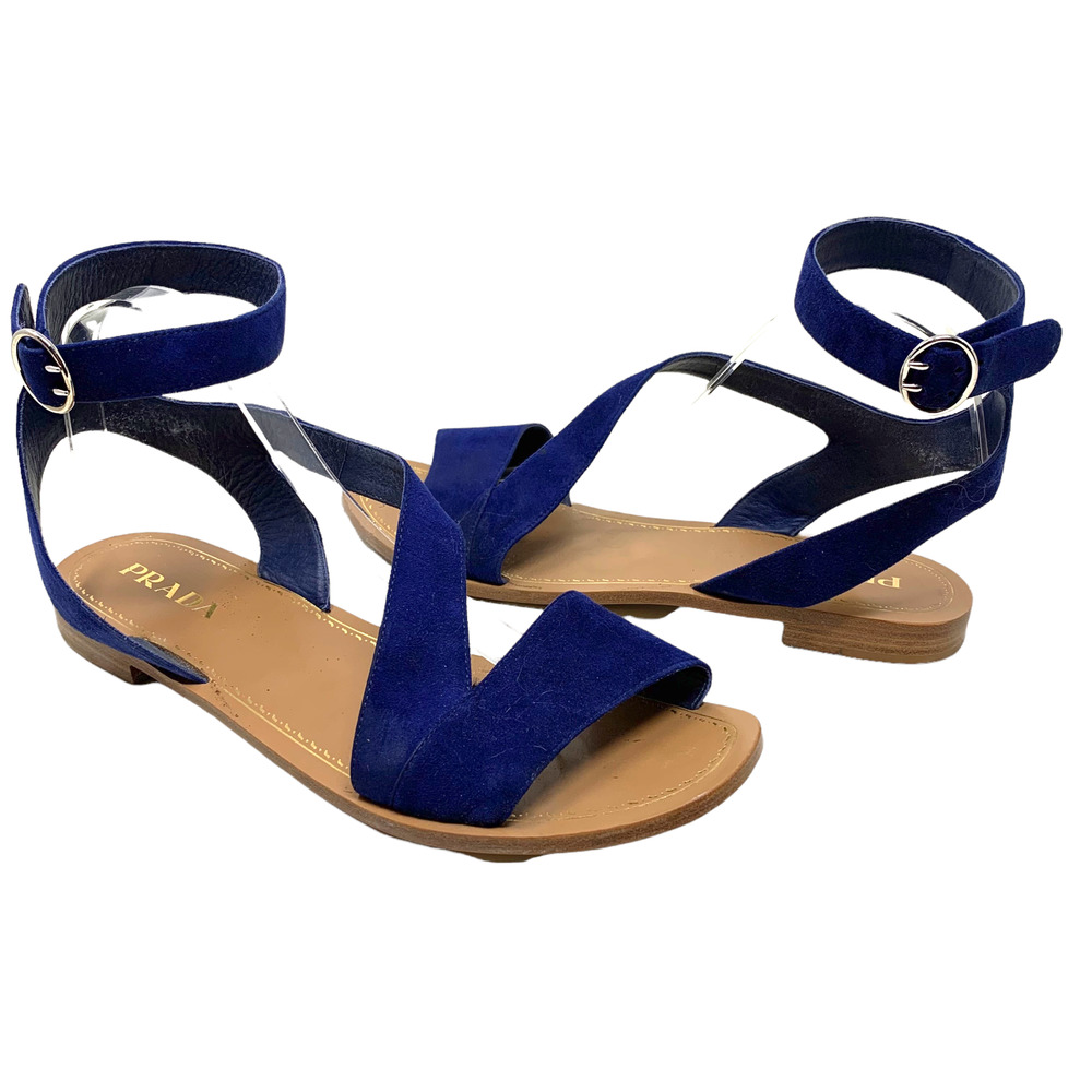 (R) Prada: Blue Suede Sandals.